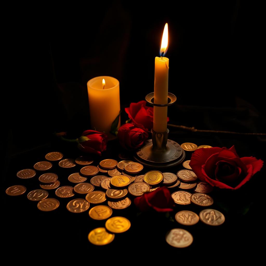 Altar com moedas de ouro, rosas vermelhas e vela acesa