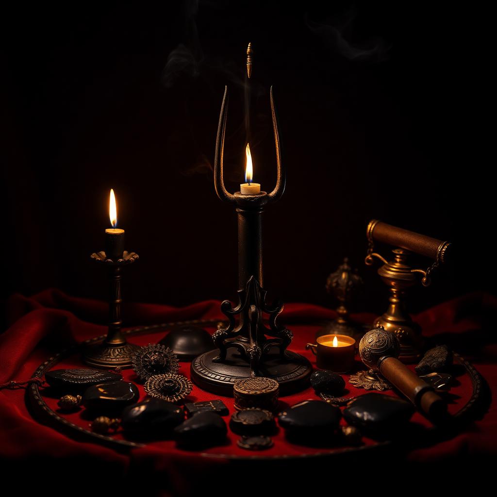 Altar de proteção — tridente, velas e patuás