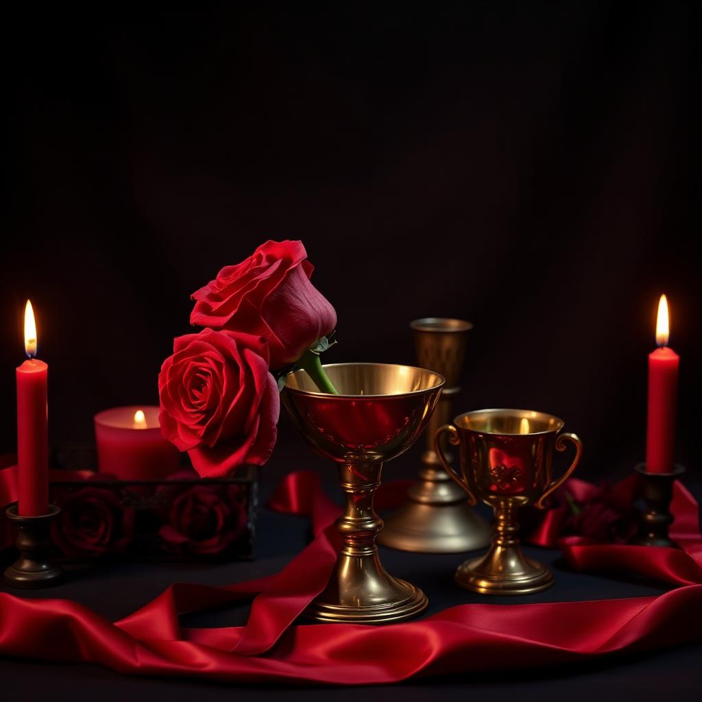 Altar de Pomba Gira com rosas vermelhas, cálice dourado e velas
